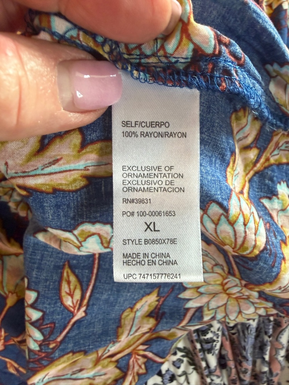 Democracy Xl Navy Floral Tie-Front Long Sleeve Blouse with Pink Accents - Picture 7 of 7
